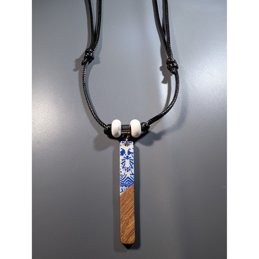 Blue White Resin Mosaic Wood Bar Adjustable Cord Pendant Necklace 14-27 inch